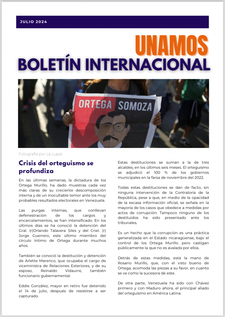 Crisis del orteguismo se profundiza.  Boletín internacional de Unamos. Julio 2024